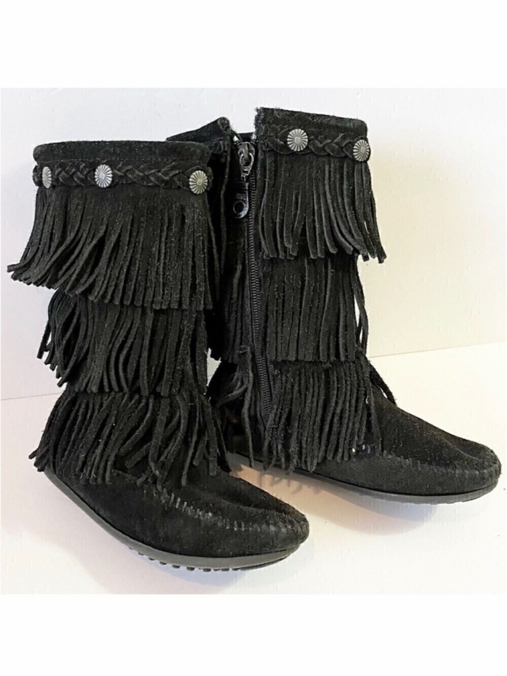Minnetonka Moccasin Girls Black Boots 3 Layer Fringe Sz 12 Syle 2659 Leather